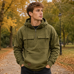 Sweat vert olive à capuche homme, demi-zip et deux poches à rabat