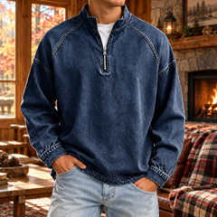Sweat homme bleu foncé à col montant, demi-zip et surpiqûres apparentes