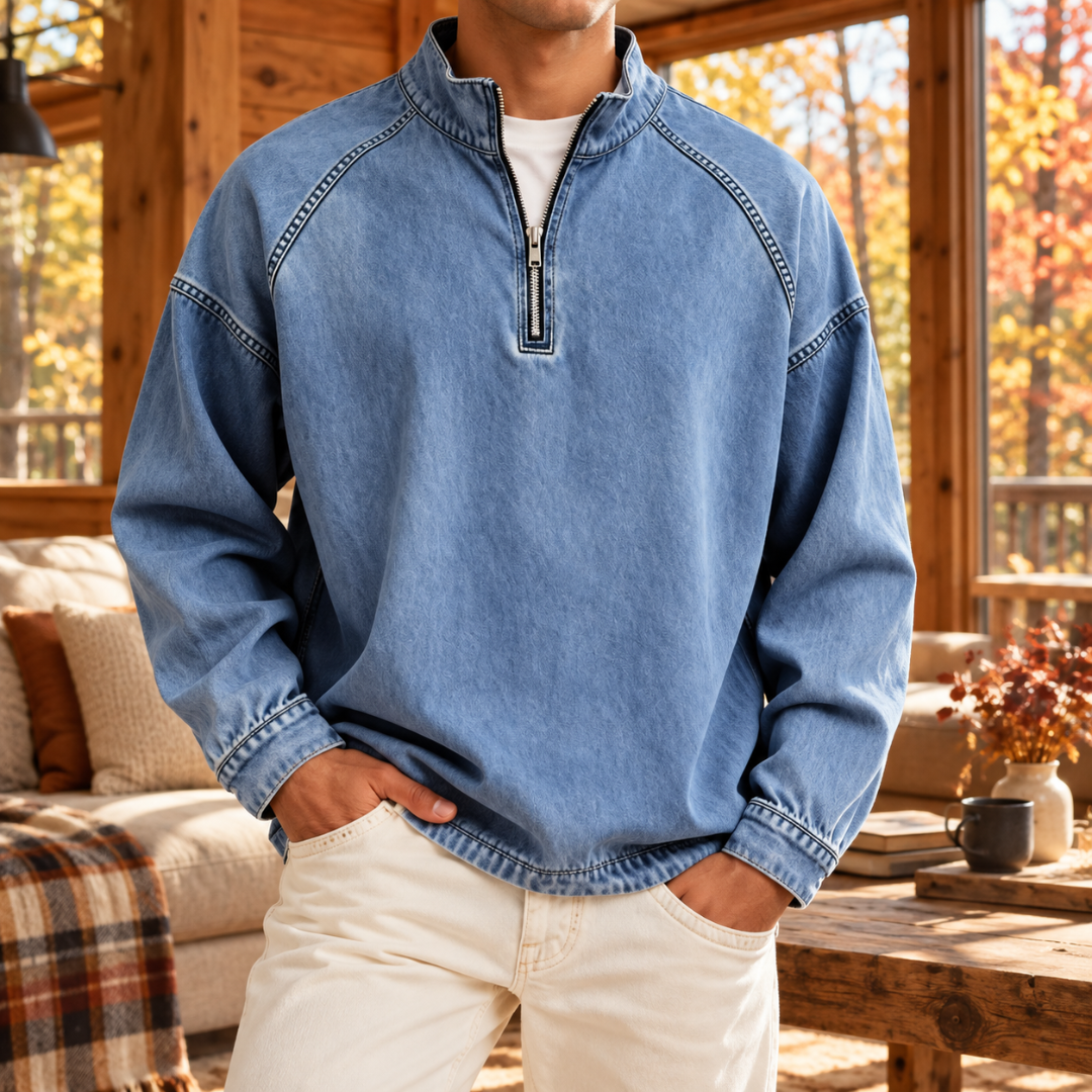 Sweat homme bleu à col montant et demi-zip, manches longues raglan