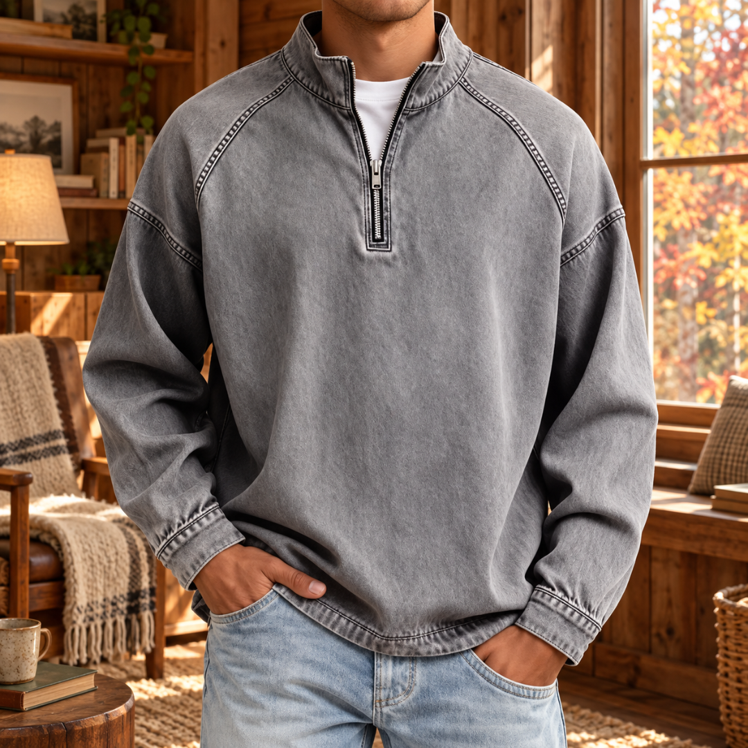 Sweat homme gris à effet délavé, col montant et zip métallique