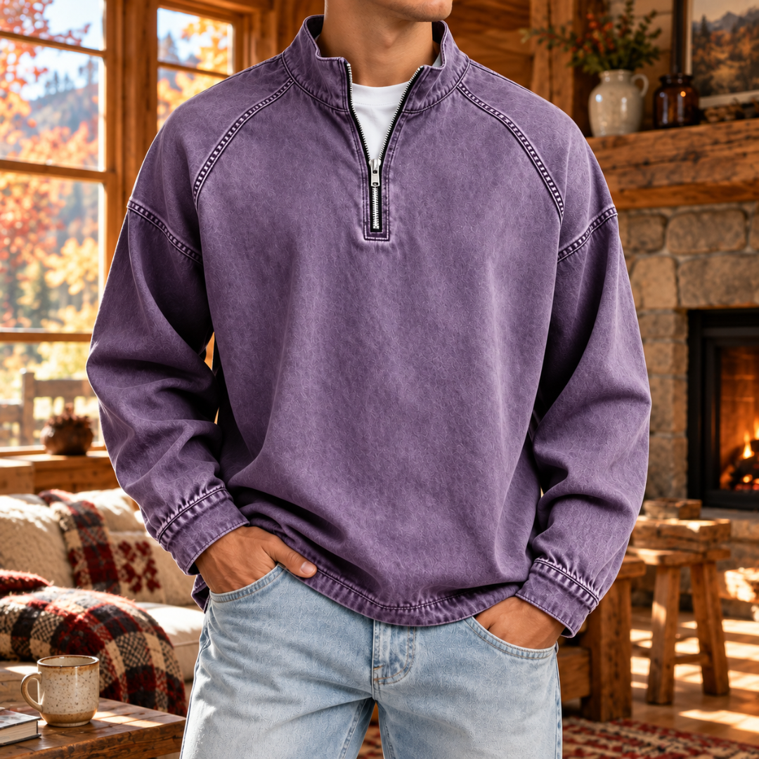 Sweat homme lavande à demi-zip, surpiqûres contrastées sur les épaules