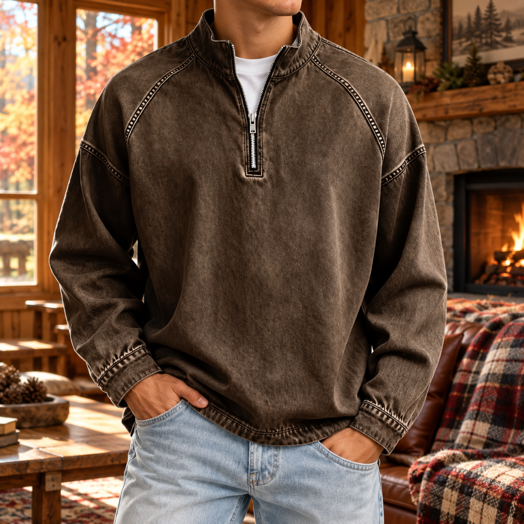 Sweat homme marron foncé à demi-zip, coutures raglan et col montant