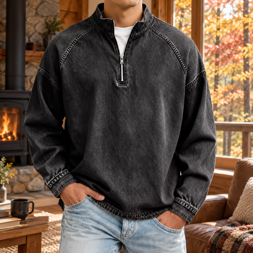 Sweat homme noir délavé avec col montant, demi-zip et manches raglan