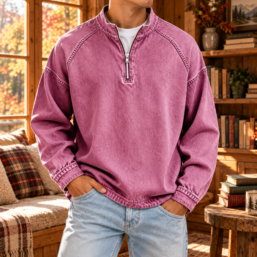 Sweat homme rose à col montant, fermeture demi-zip et effet délavé