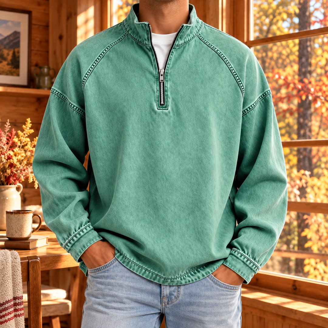 Sweat homme vert clair à col montant et demi-zip, coutures raglan contrastées