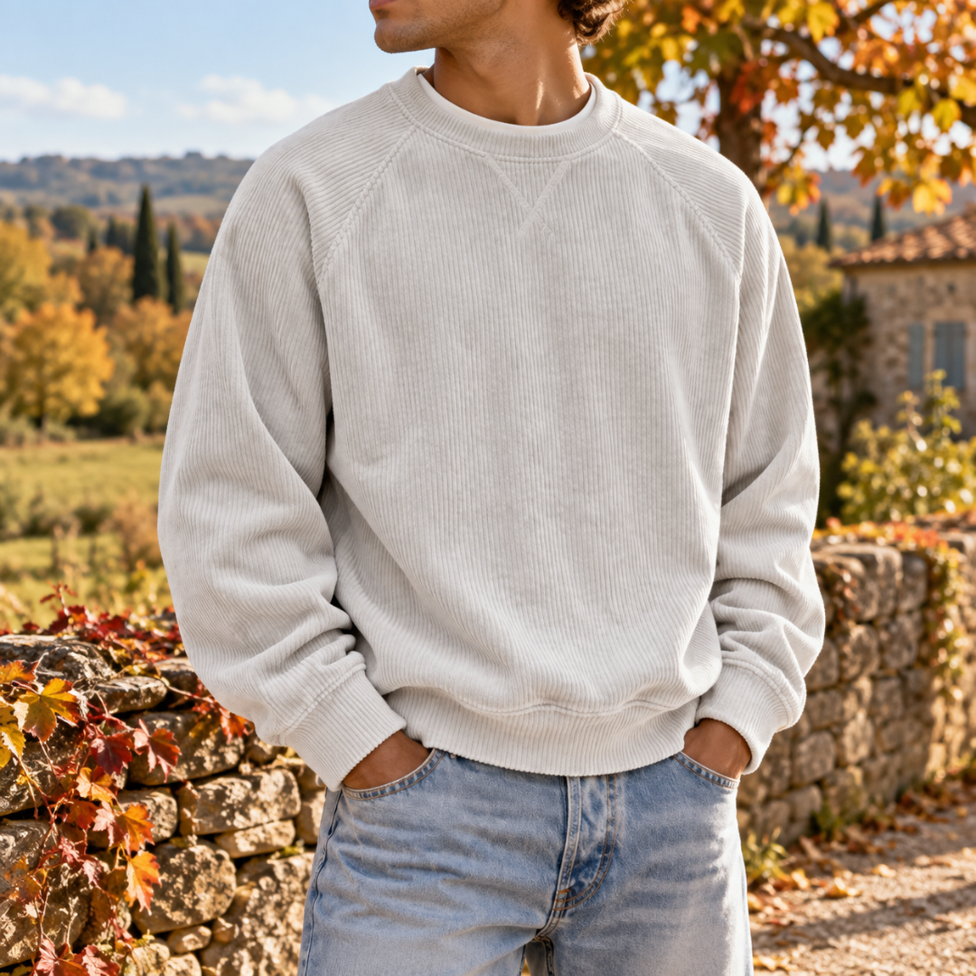 Sweat homme blanc en velours côtelé à col rond et manches longues
