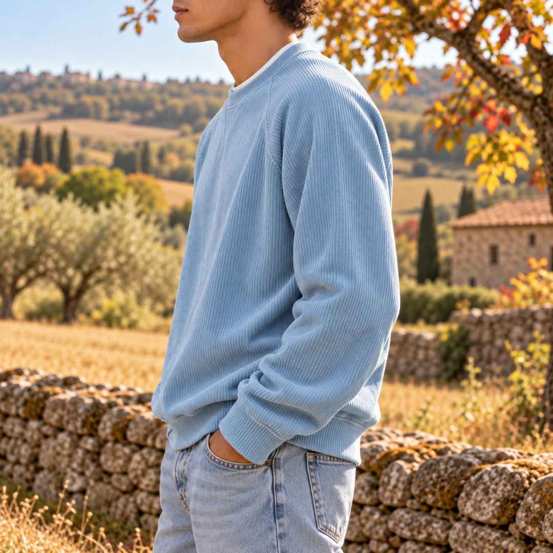 Vue de profil du sweat homme bleu en velours côtelé, poignets côtelés