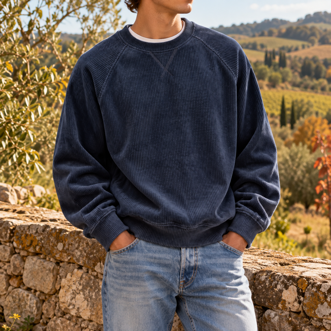 Sweat homme bleu marine en velours côtelé avec manches raglan