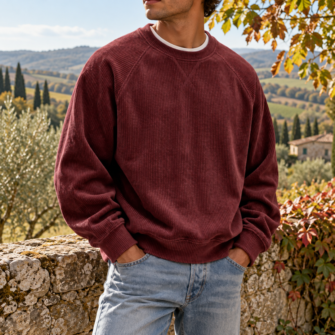 Sweat homme bordeaux en velours côtelé, bas côtelé et col rond