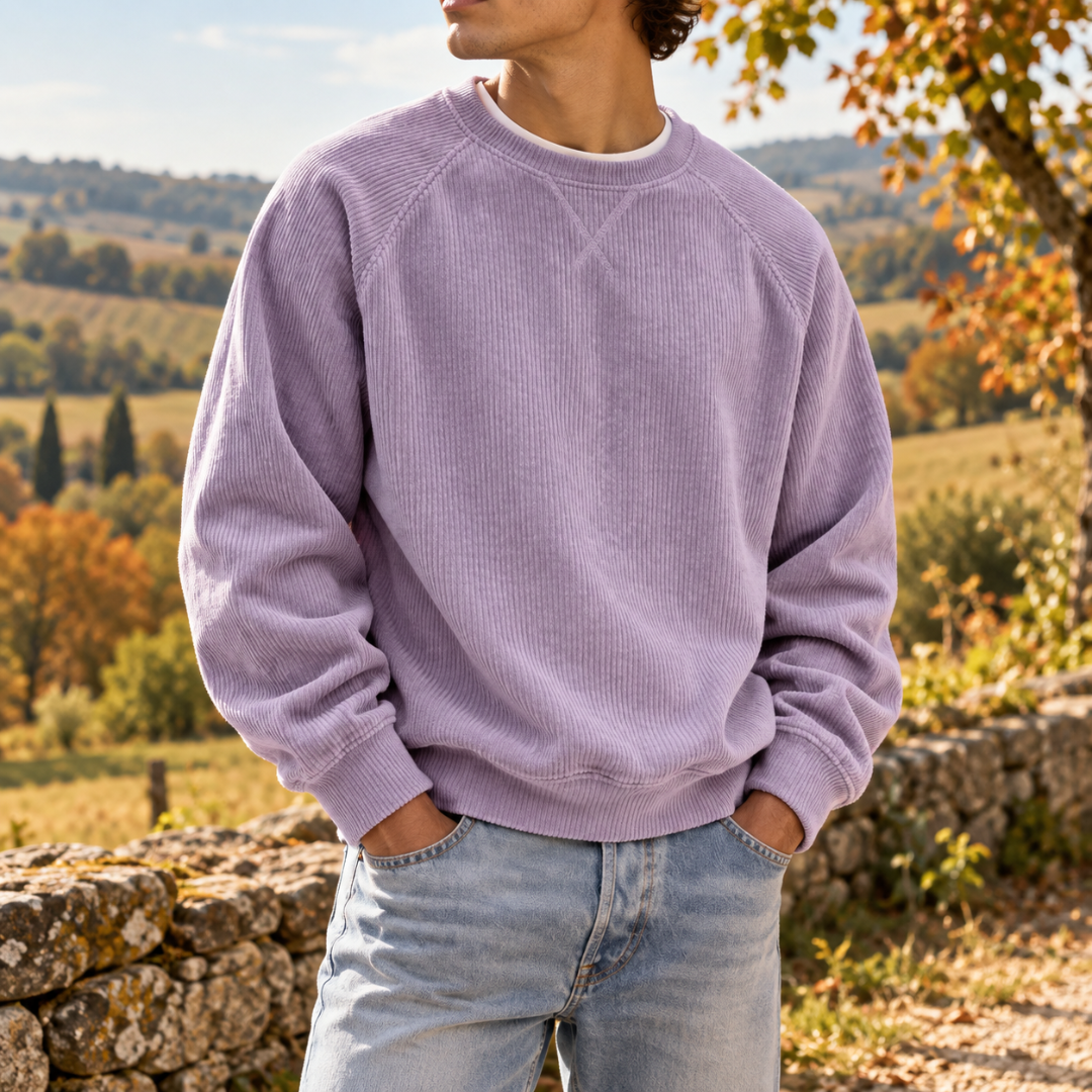 Sweat homme lavande en velours côtelé à manches raglan et col rond