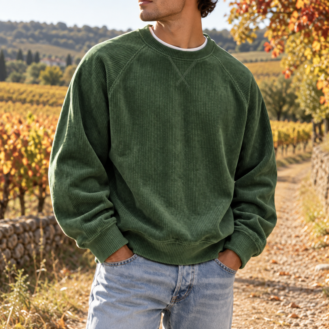 Sweat homme vert foncé en velours côtelé à côtes verticales marquées
