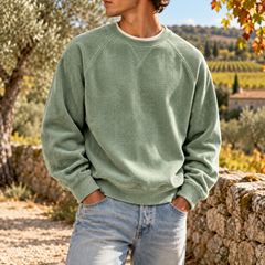 Sweat homme vert clair en velours côtelé avec poignets côtelés