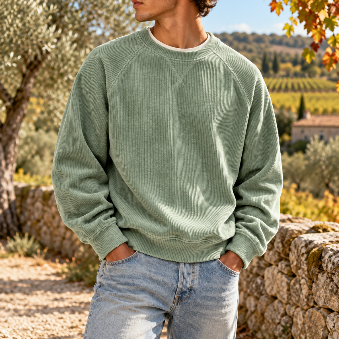 Sweat homme vert clair en velours côtelé avec poignets côtelés