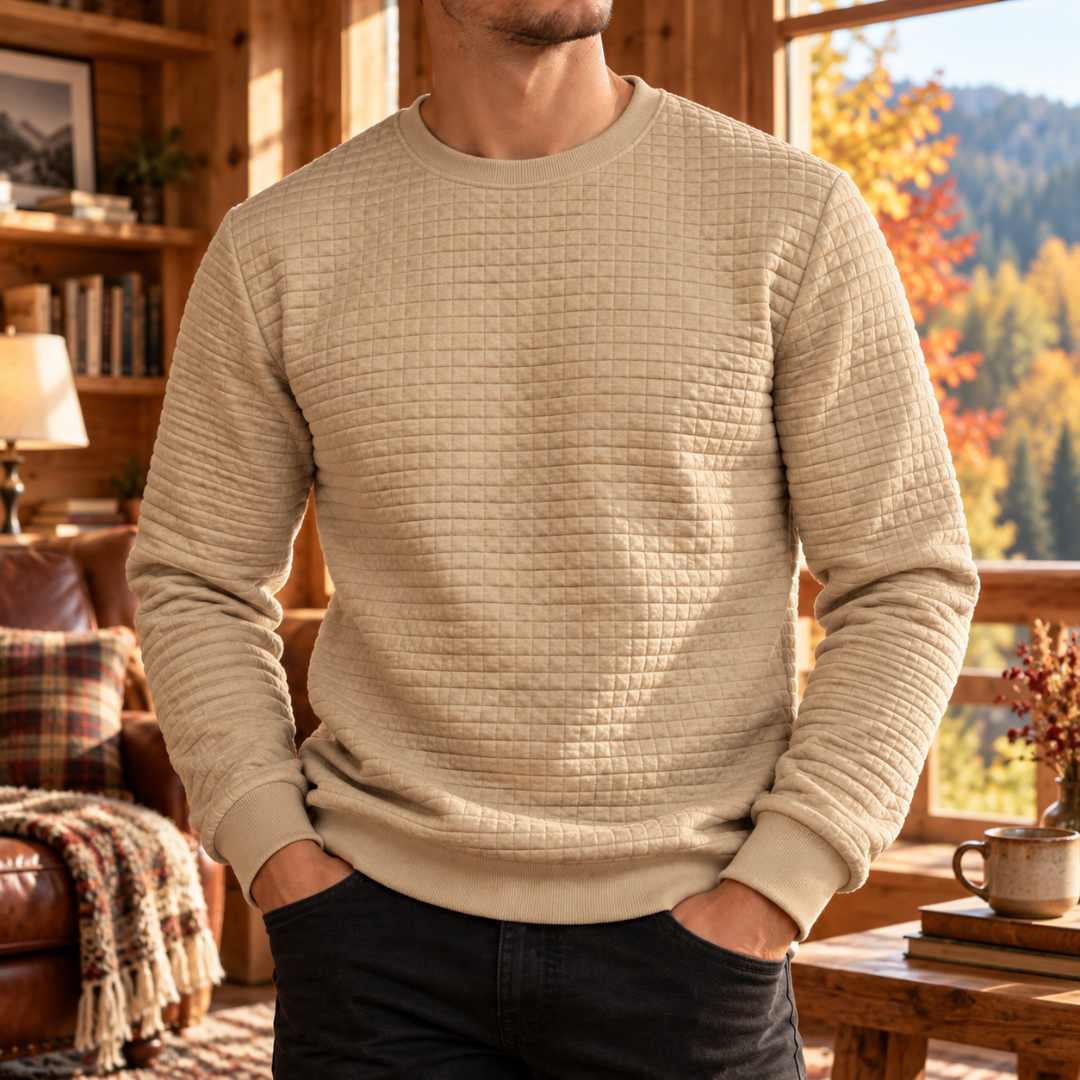 Sweat homme beige à effet matelassé, manches longues et poignets côtelés