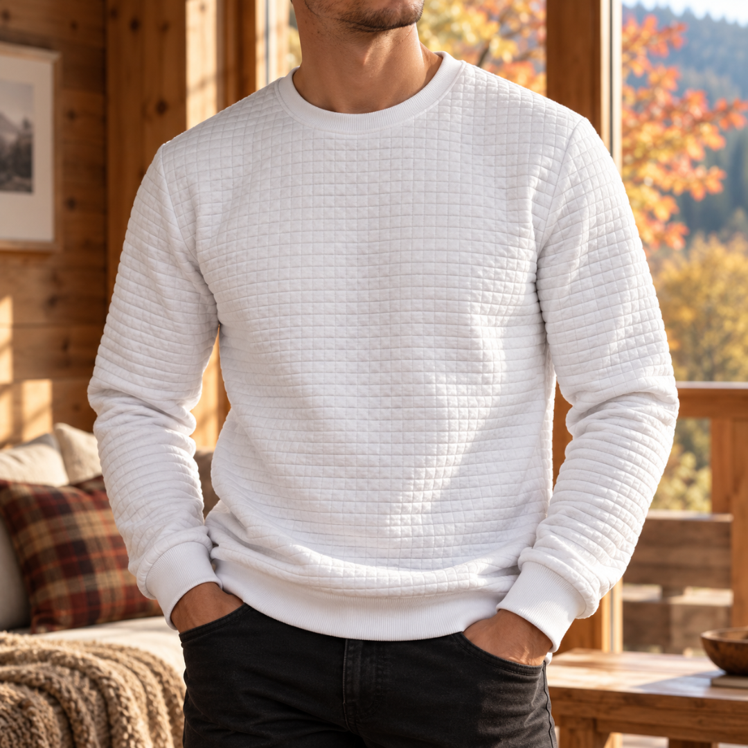 Sweat homme blanc à petits carreaux matelassés et col rond côtelé
