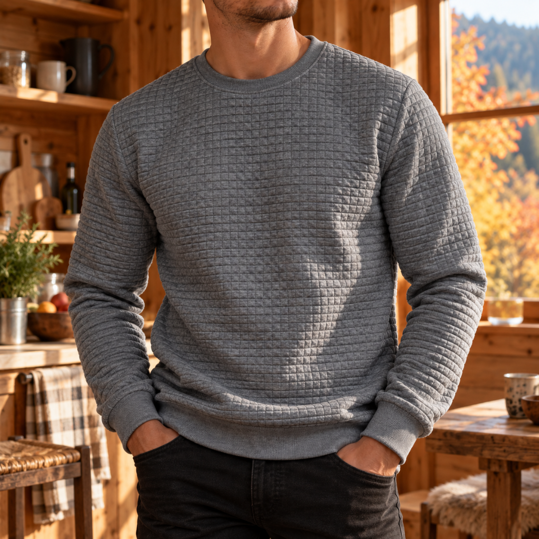 Sweat homme gris chiné à texture matelassée et encolure ronde côtelée