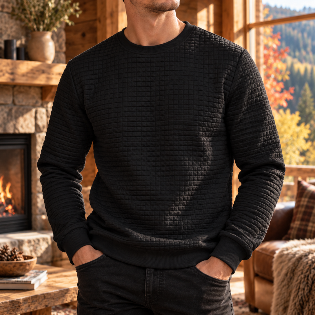 Sweat homme noir matelassé à petits carreaux avec col rond côtelé