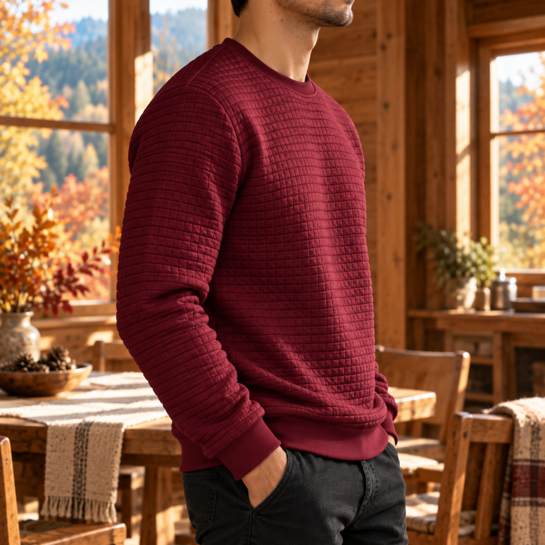 Sweat homme rouge vu de profil, manches longues et poignets à bords côtelés