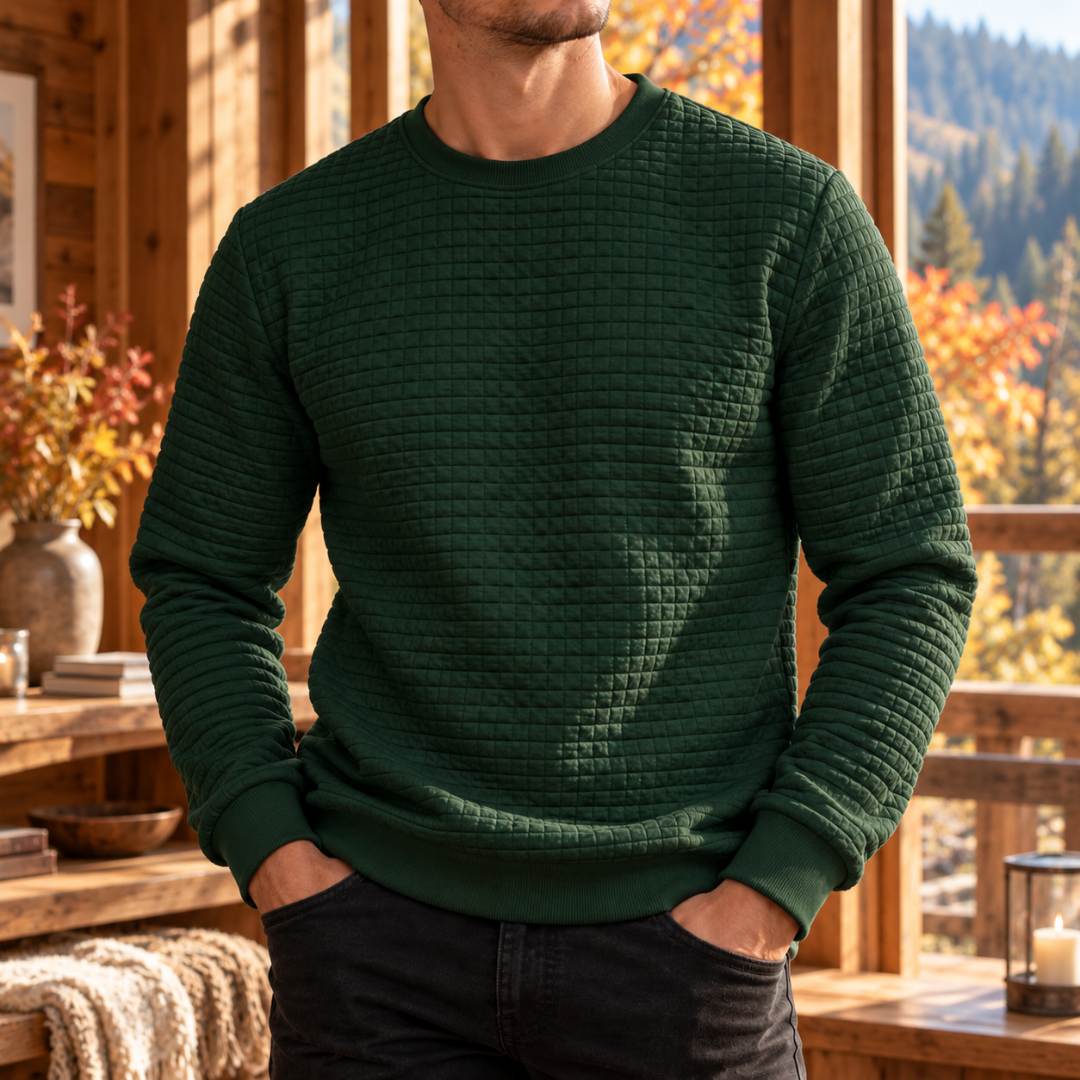 Sweat homme vert foncé matelassé à col rond et bas côtelé