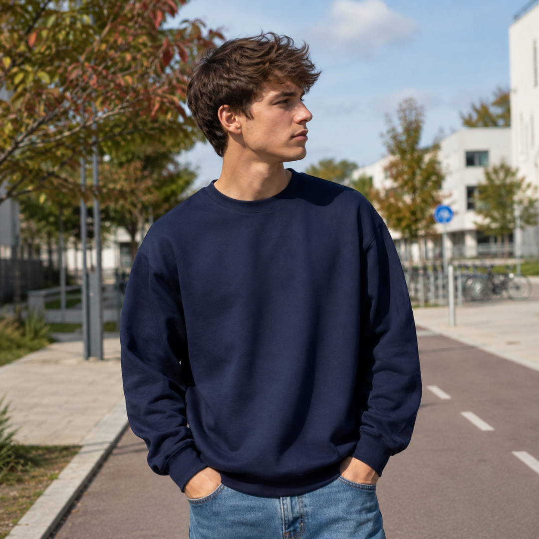 Sweat homme bleu marine à coupe ample et col rond côtelé avec pantalon clair