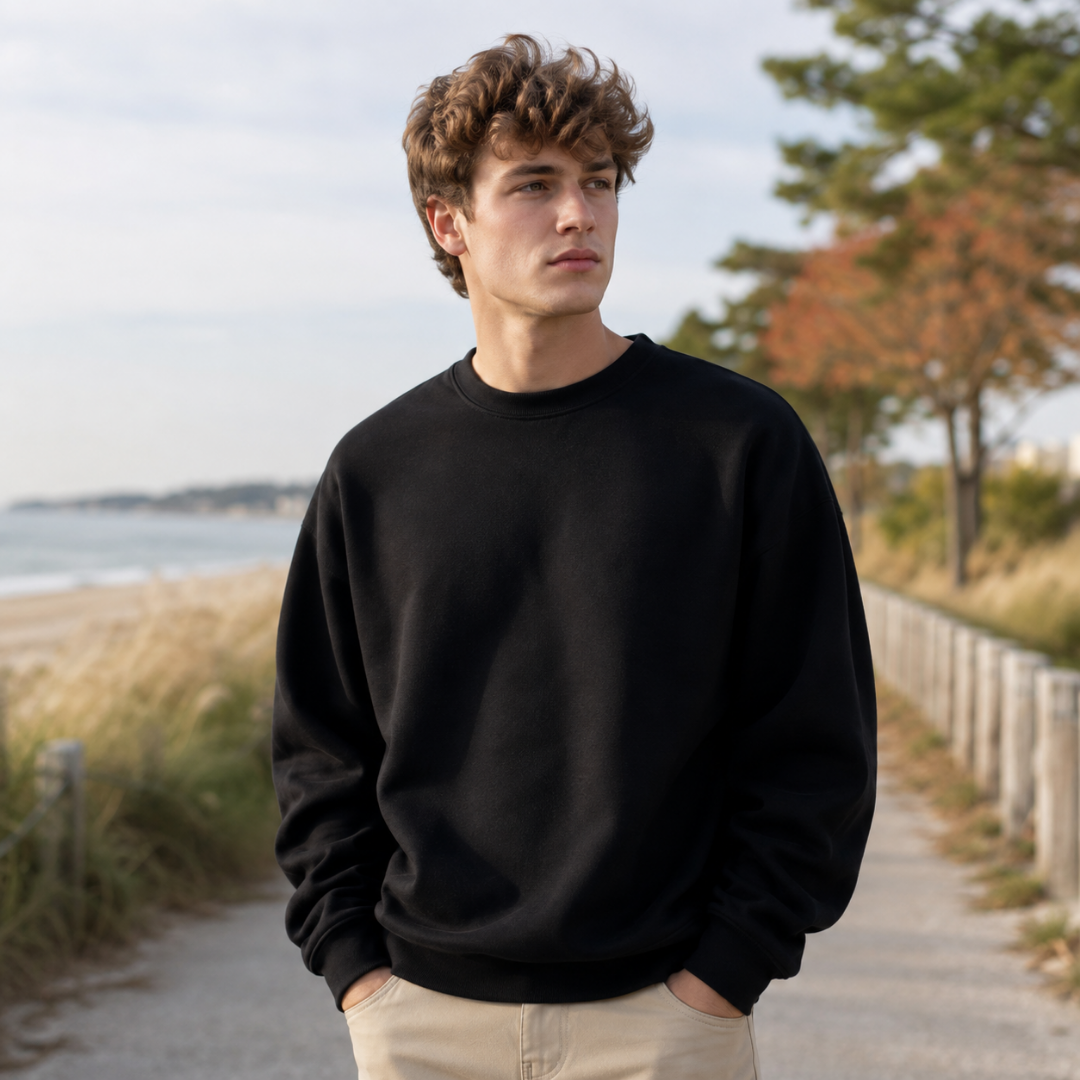 Sweat homme noir uni à col rond côtelé porté avec un pantalon beige au bord de mer
