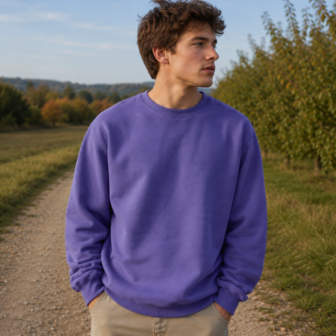 Sweat homme violet uni vu de face, col rond côtelé et manches longues
