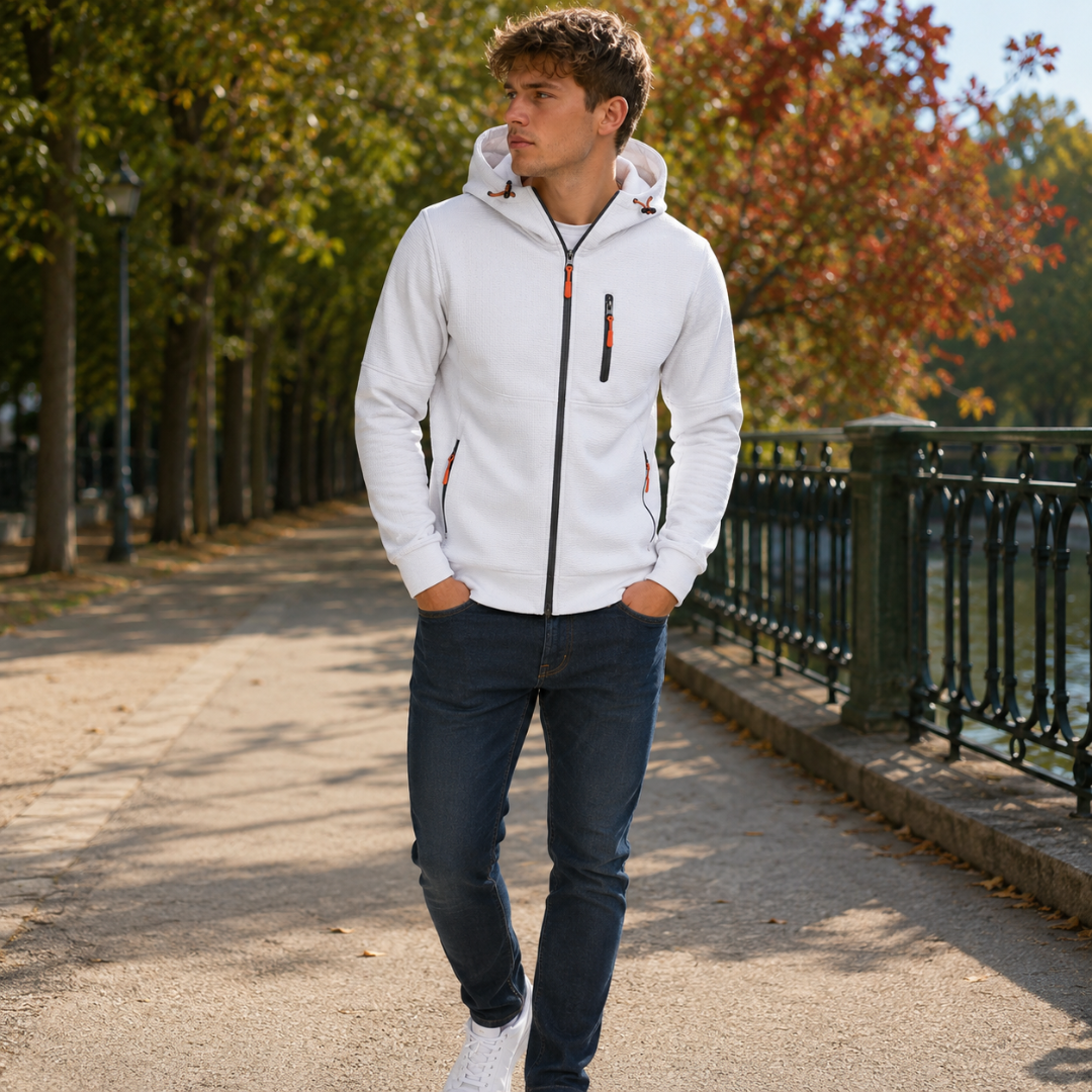 Sweat à capuche homme blanc zippé avec zip contrasté et tirettes orange