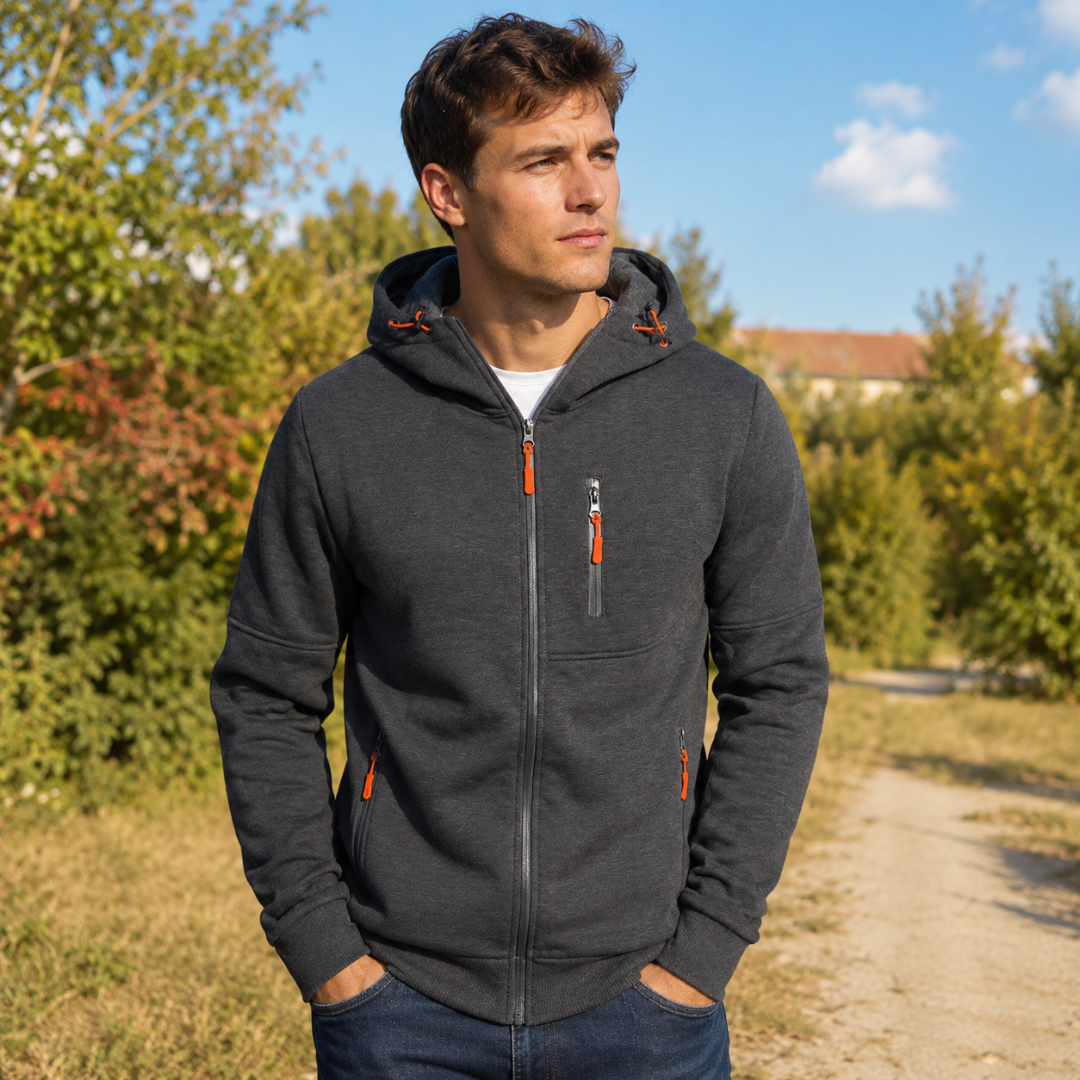 Sweat à capuche homme gris foncé zippé avec poches latérales et tirettes orange