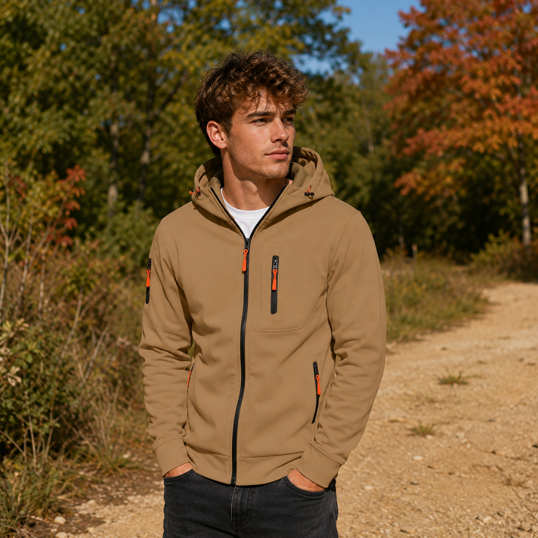 Sweat à capuche homme kaki clair zippé avec poche poitrine et zips orange