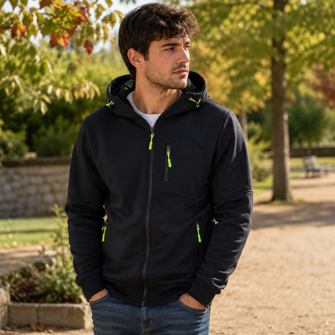 Sweat à capuche homme noir zippé avec tirettes vert fluo et poches zippées