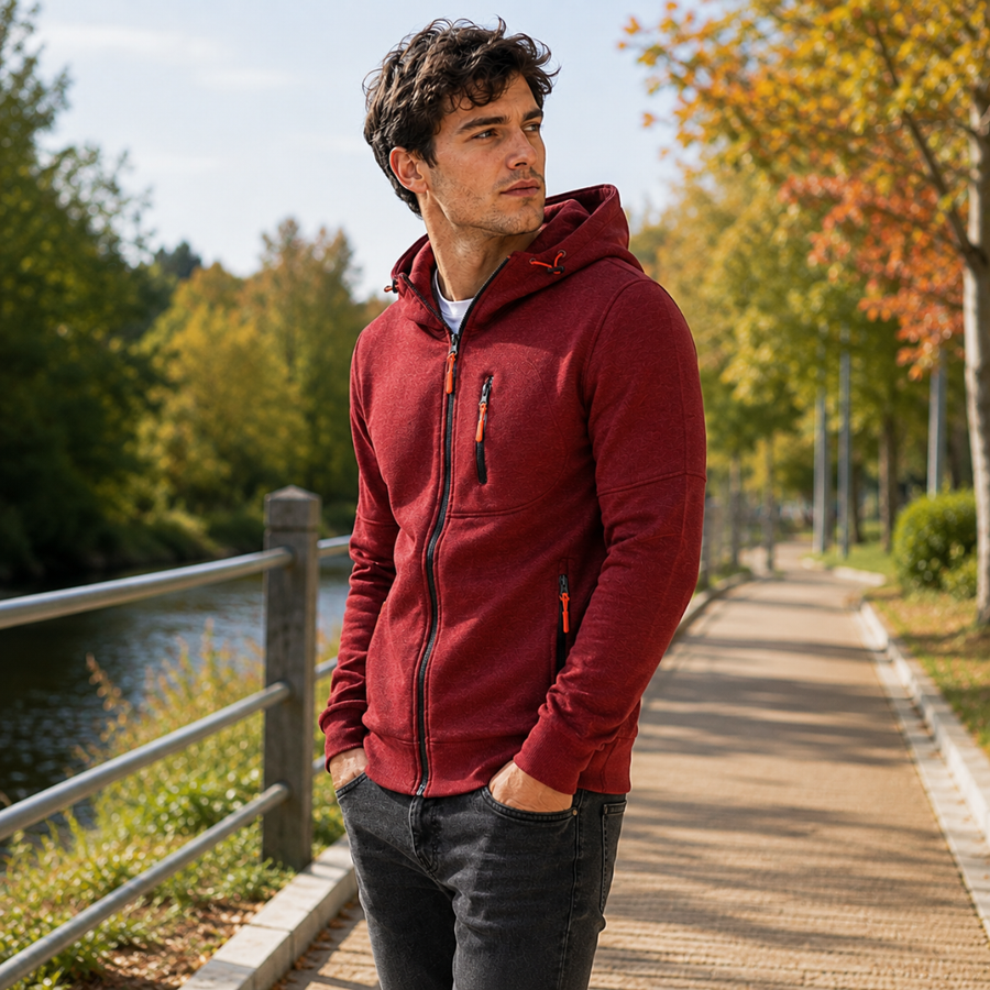 Homme de trois quarts en sweat rouge zippé, capuche à cordon et poches latérales