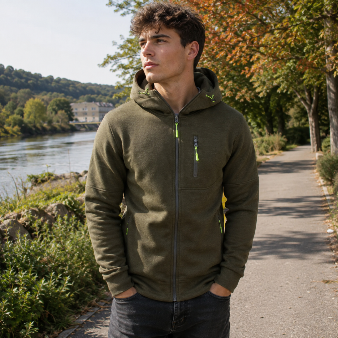 Sweat homme vert armée zippé, capuche à cordon et tirettes vert fluo