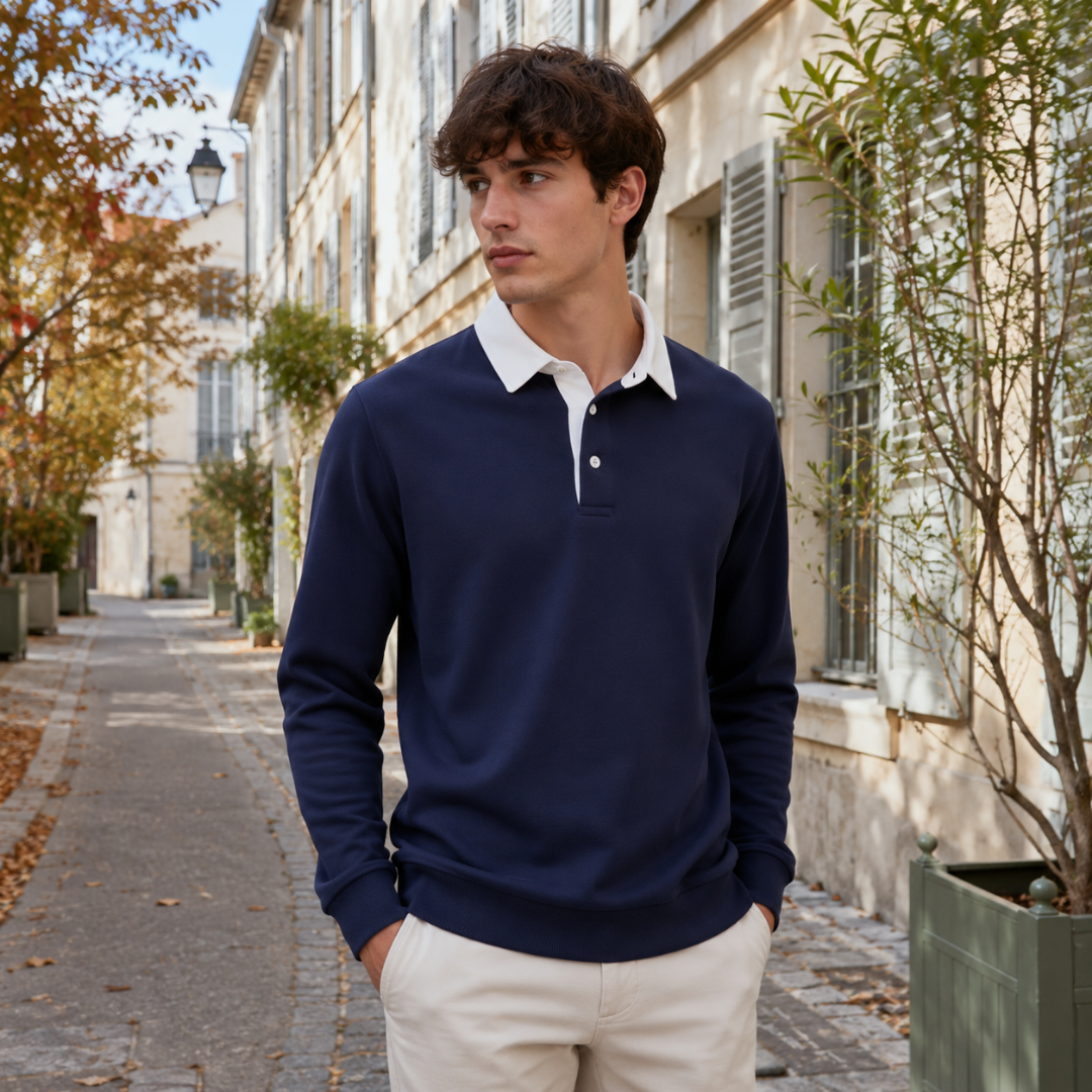 Sweat polo homme bleu marine avec col blanc et poignets côtelés