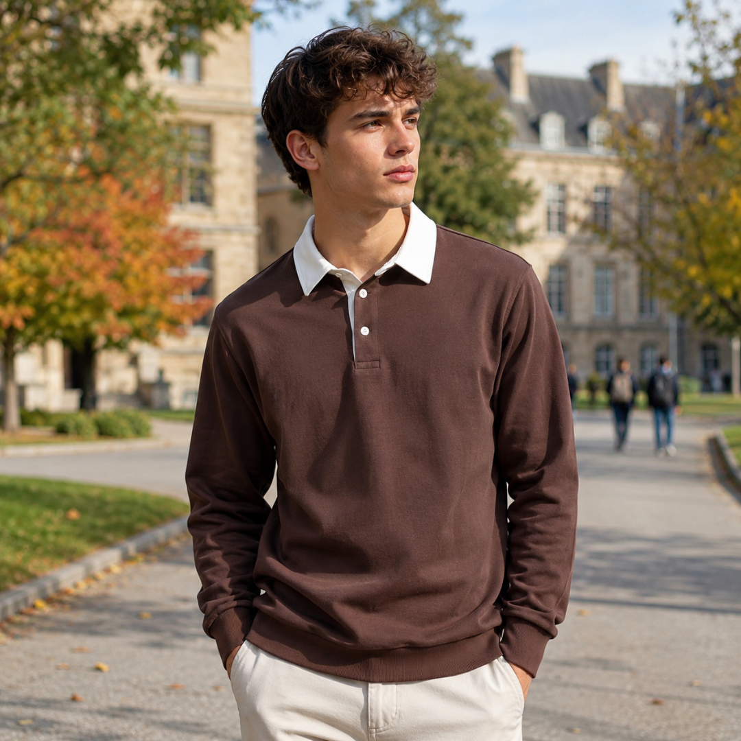 Sweat polo homme marron à col blanc contrastant et patte boutonnée