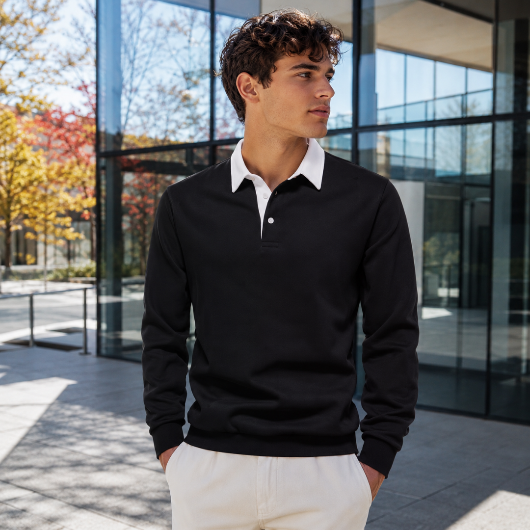 Sweat polo homme noir à col chemise blanc et boutons clairs