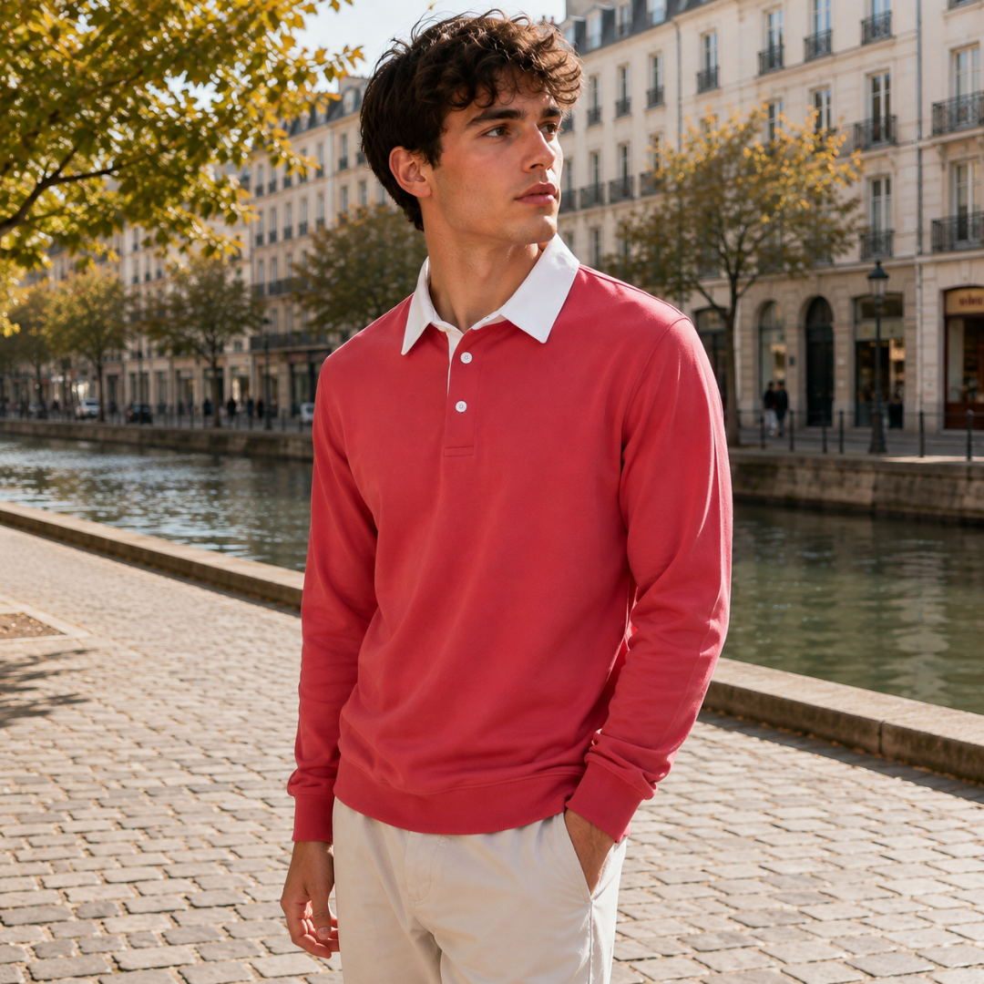 Sweat polo homme rouge à col chemise blanc contrastant et patte boutonnée