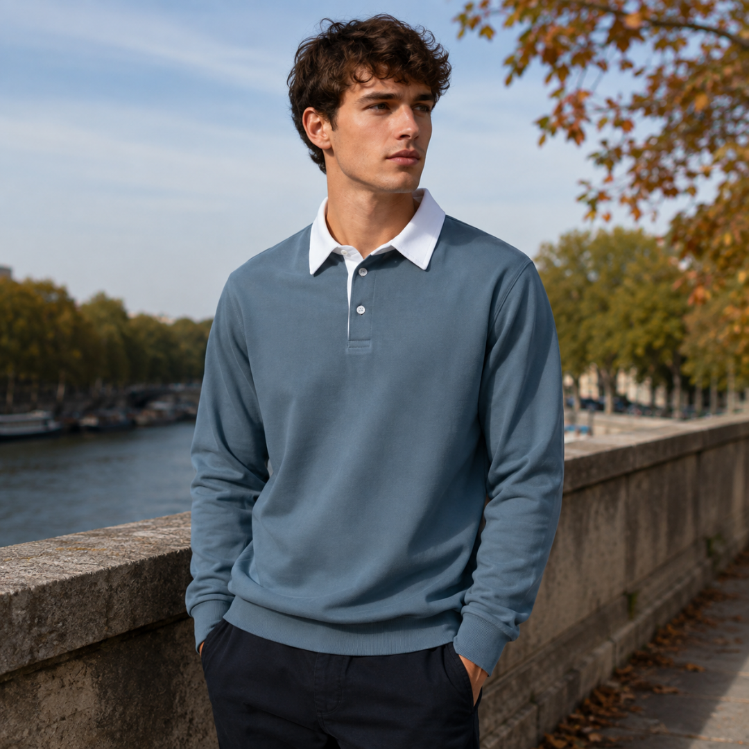 Sweat polo homme vert grisé à col chemise blanc et bas côtelé