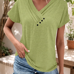 T-shirt vert col V plissé à manches courtes, style casual chic
