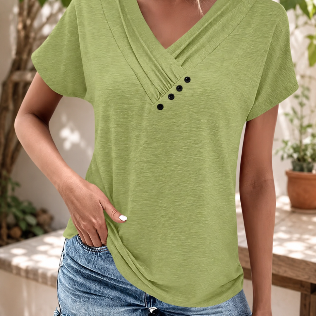 T-shirt vert col V plissé à manches courtes, style casual chic