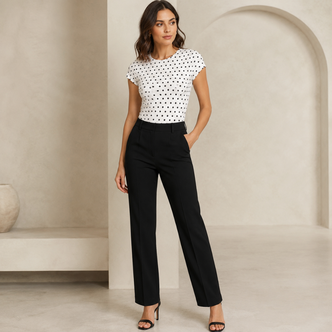 T-shirt femme blanc à pois noirs porté rentré dans un pantalon noir fluide