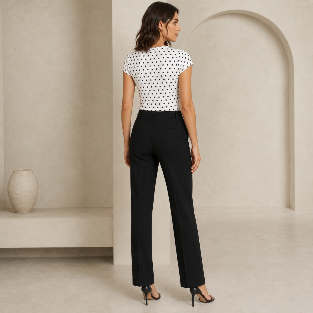 Dos du t-shirt femme à pois noirs, épaules dégagées et manches courtes tombantes