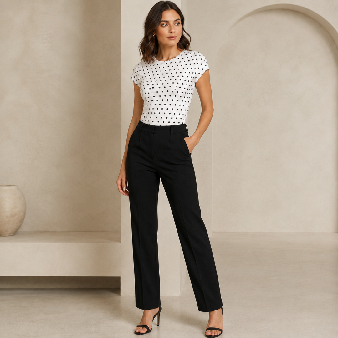 T-shirt à pois blanc et noir associé à un pantalon de ville noir et sandales