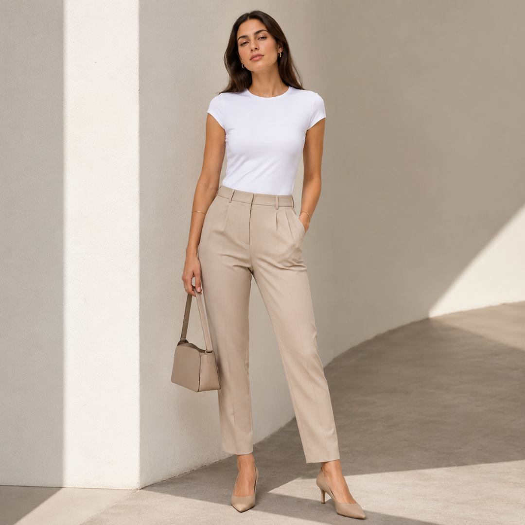 T-shirt femme blanc ajusté rentré dans un pantalon beige, allure de bureau
