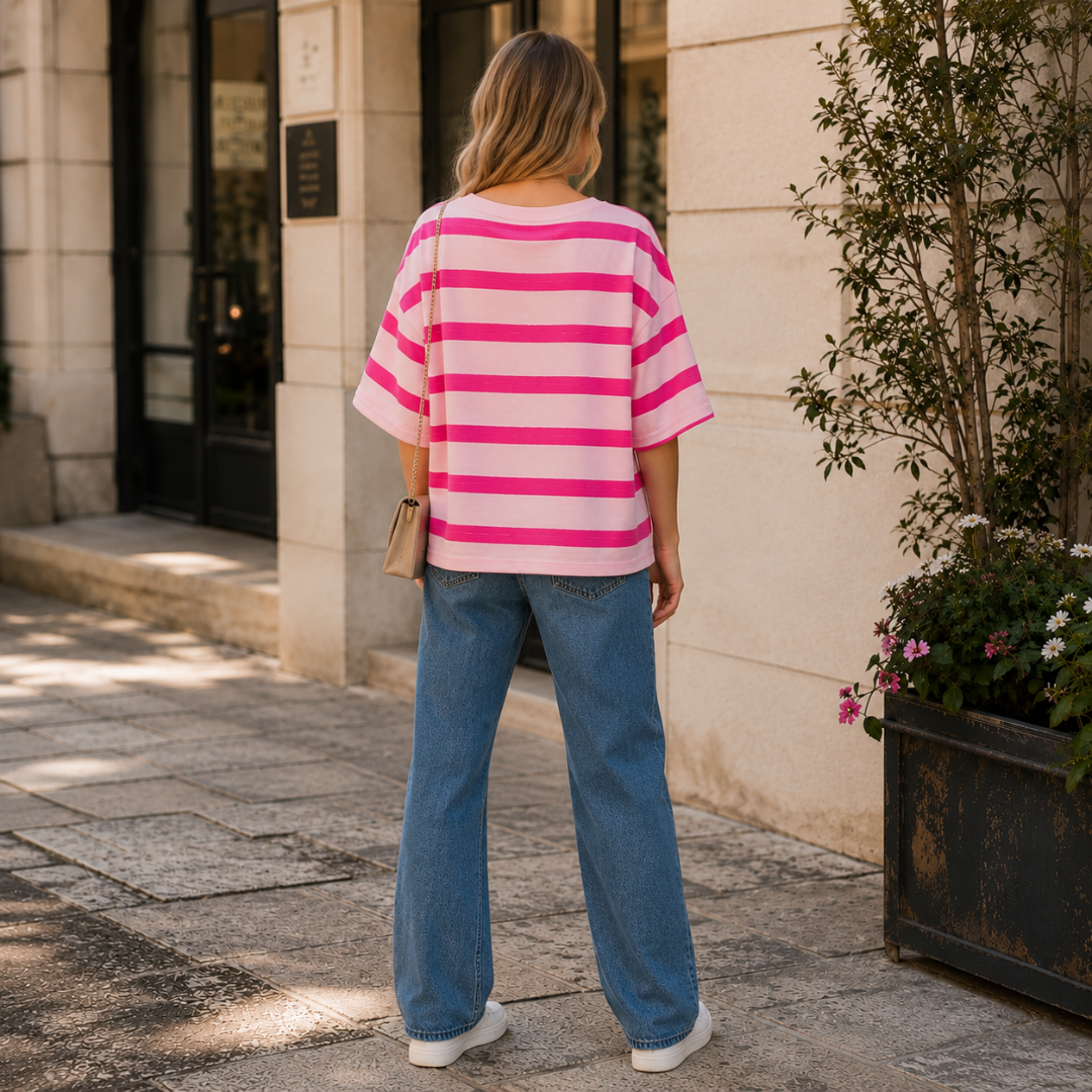 Dos du t-shirt femme rayé rose oversize avec épaules tombantes