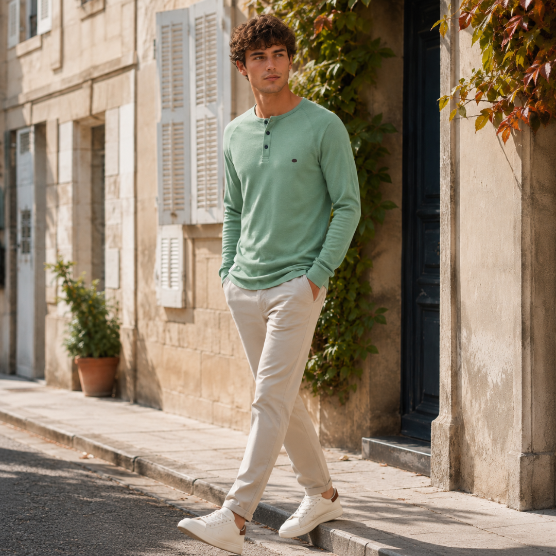 T-shirt homme vert à col tunisien boutonné porté avec un pantalon beige clair