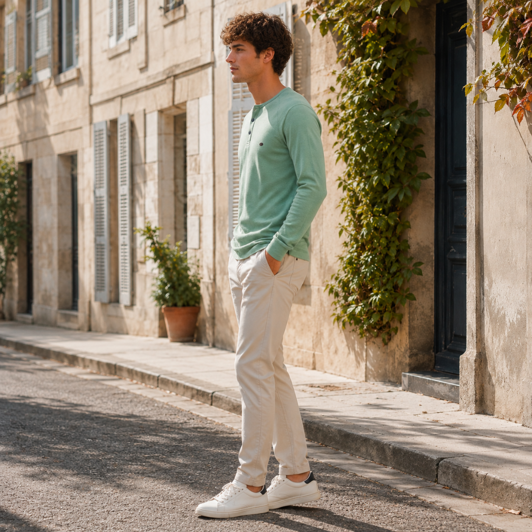 Vue de profil du t-shirt homme vert à manches longues raglan et poignets côtelés