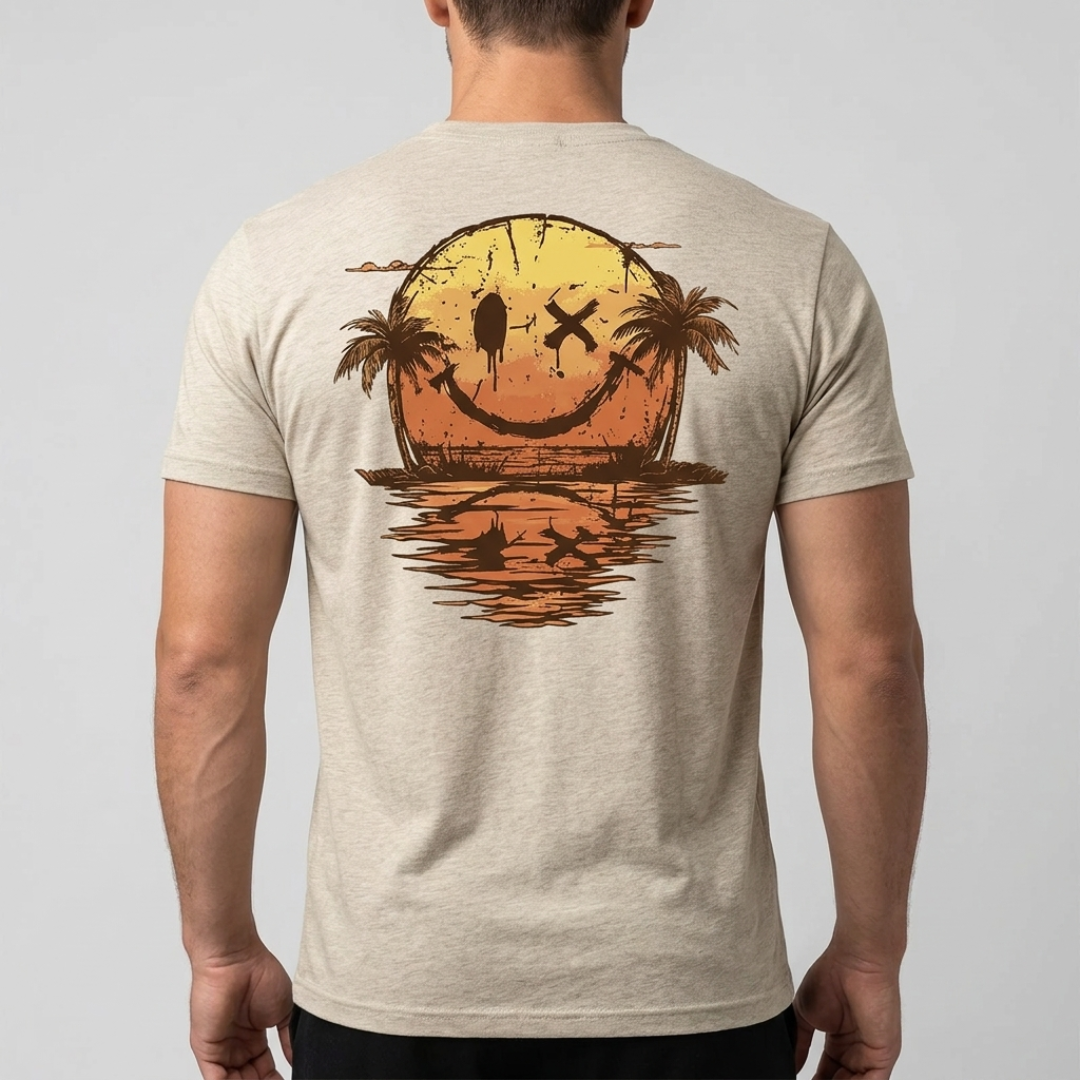 T-shirt homme beige avec grand motif smiley graphique dans le dos
