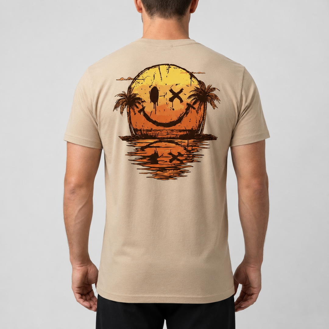 T-shirt homme beige avec grand motif smiley graphique dans le dos