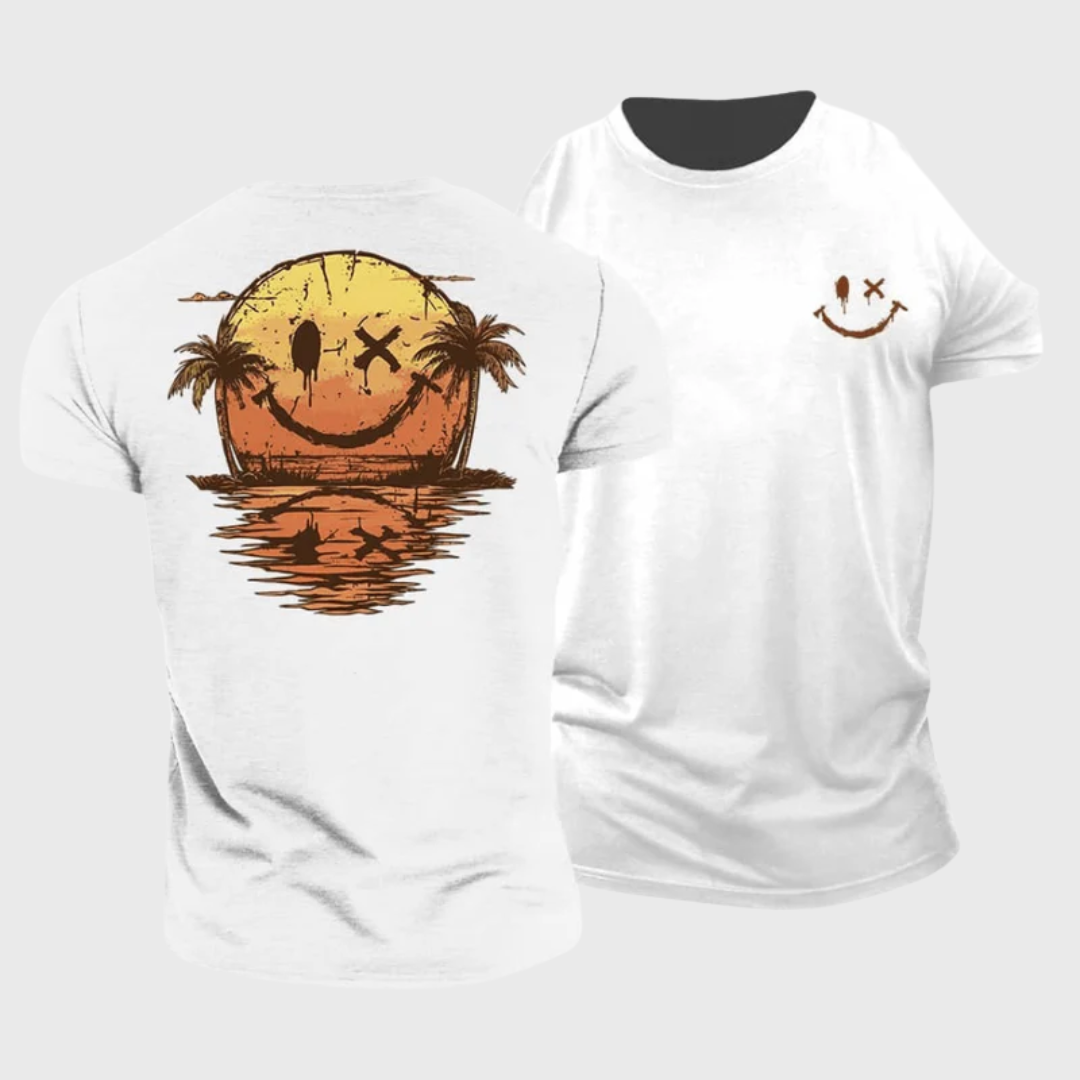 T-shirt homme blanc smiley, vue packshot face et dos