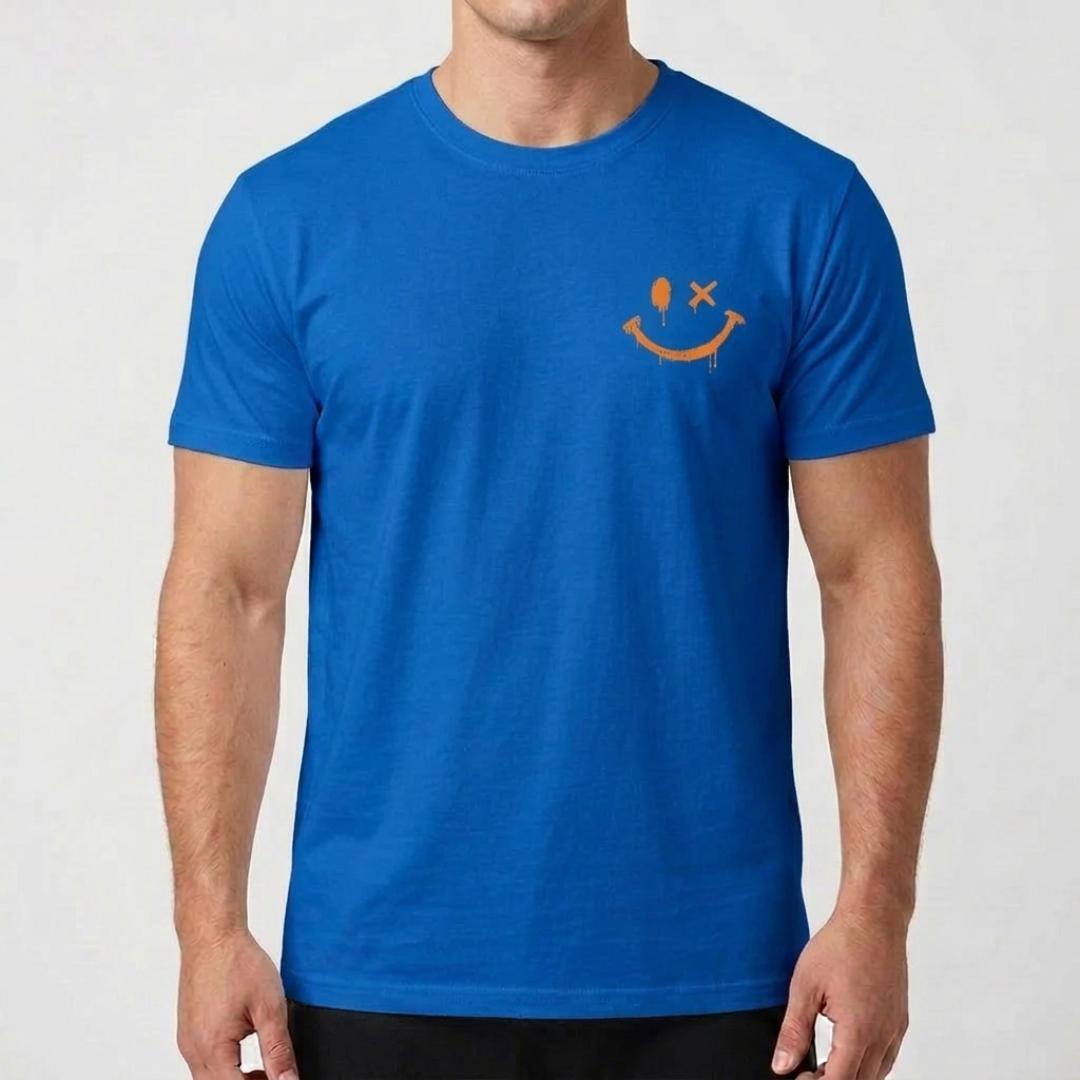 T-shirt homme bleu royal avec imprimé smiley poitrine, vue de face